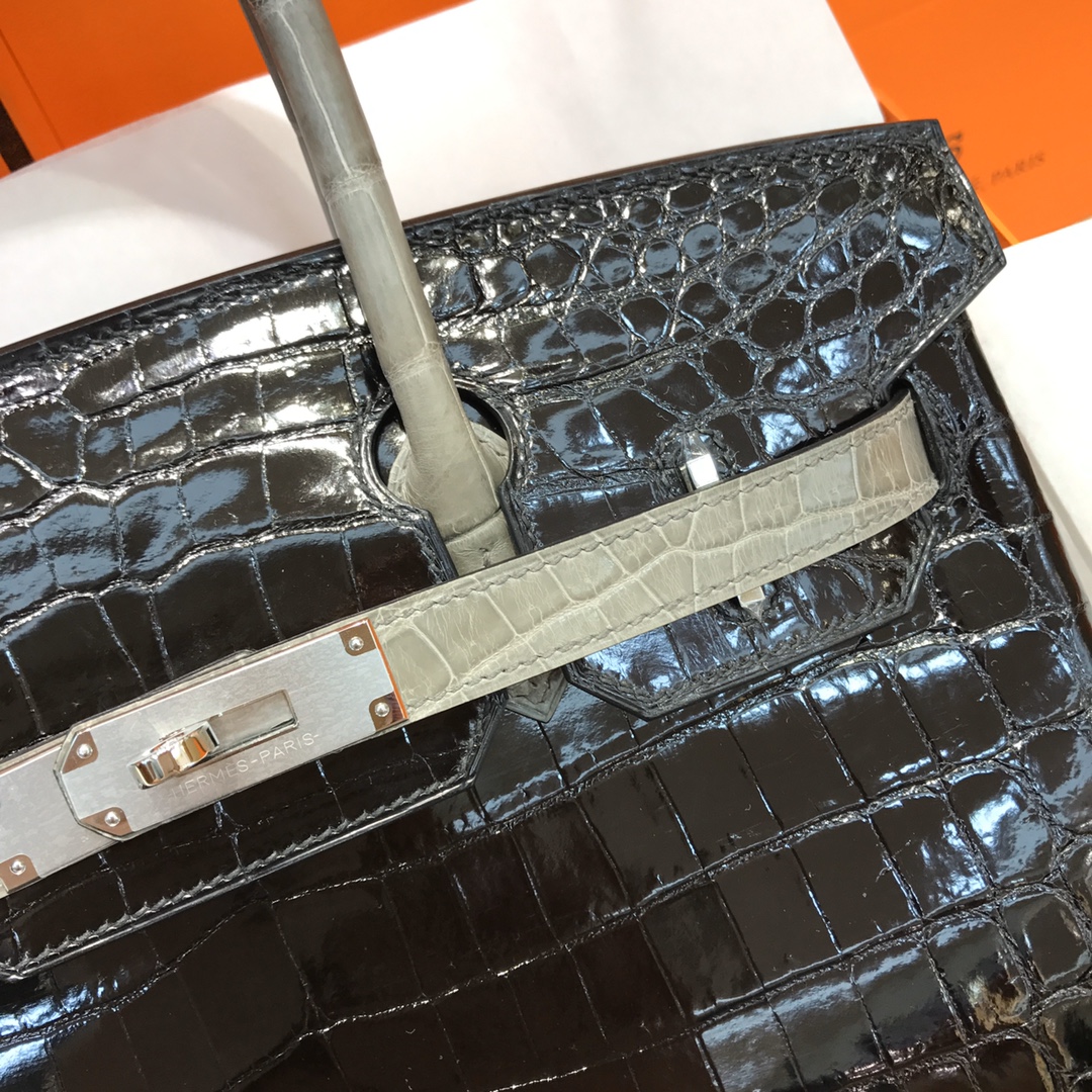 Hermes Birkin 30CM Handmade Bag In Black White Crocodile Niloticus Shiny Skin